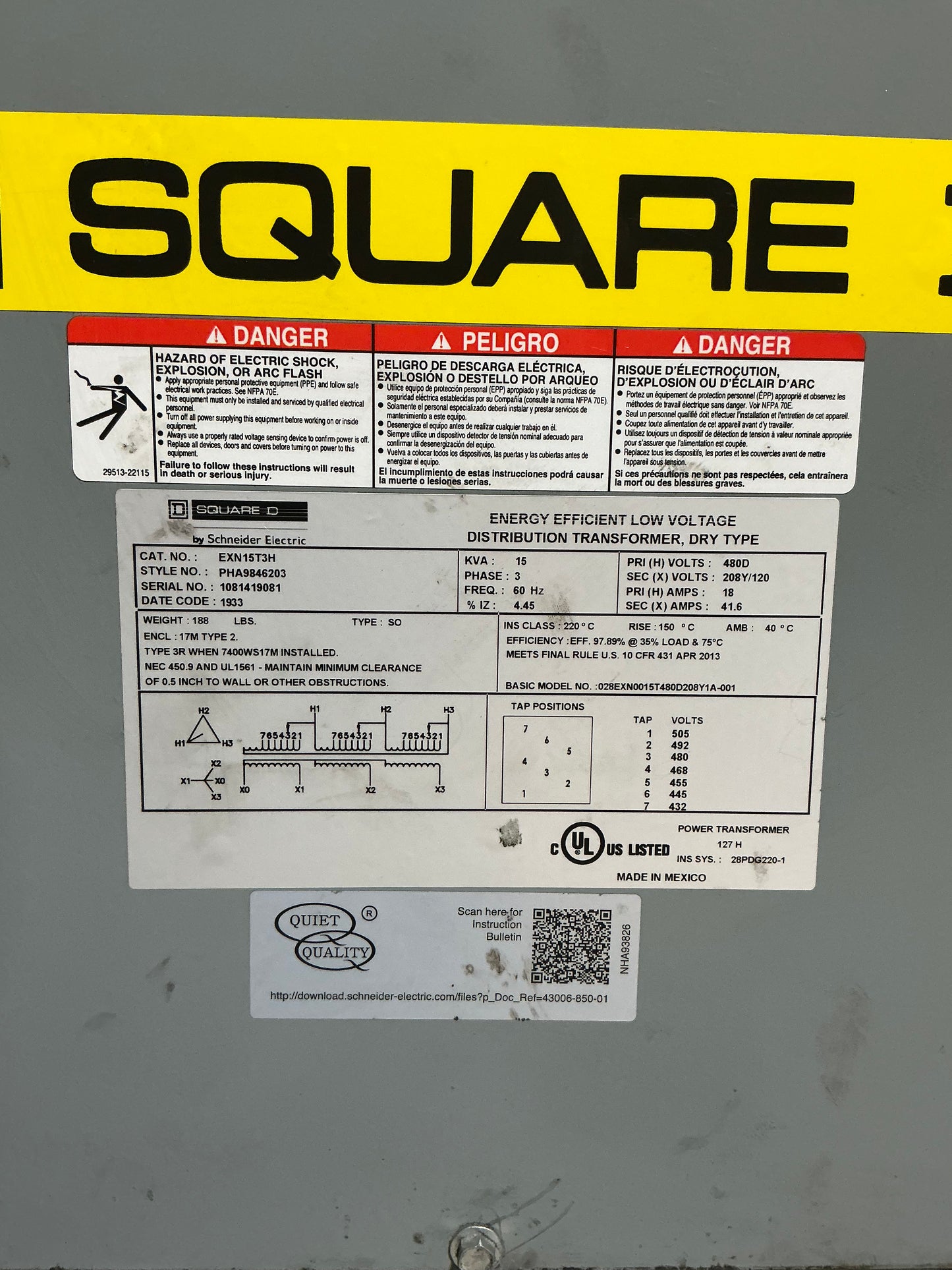 Used Square D 15 KVA,480 Volt Primary 208y/120 Volt Secondary (Delta Y) 3 Phase Transformer