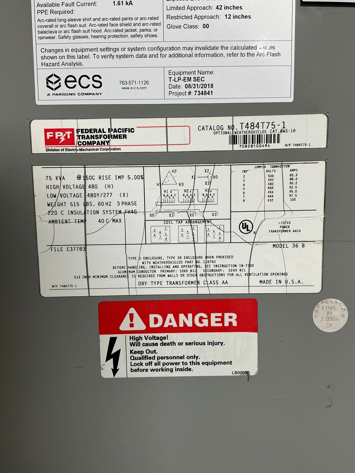 Used Federal Pacific 75 KVA, 480 Volt Primary, 480/277 Volt  Secondary (Delta Delta) 3 Phase Transformer
