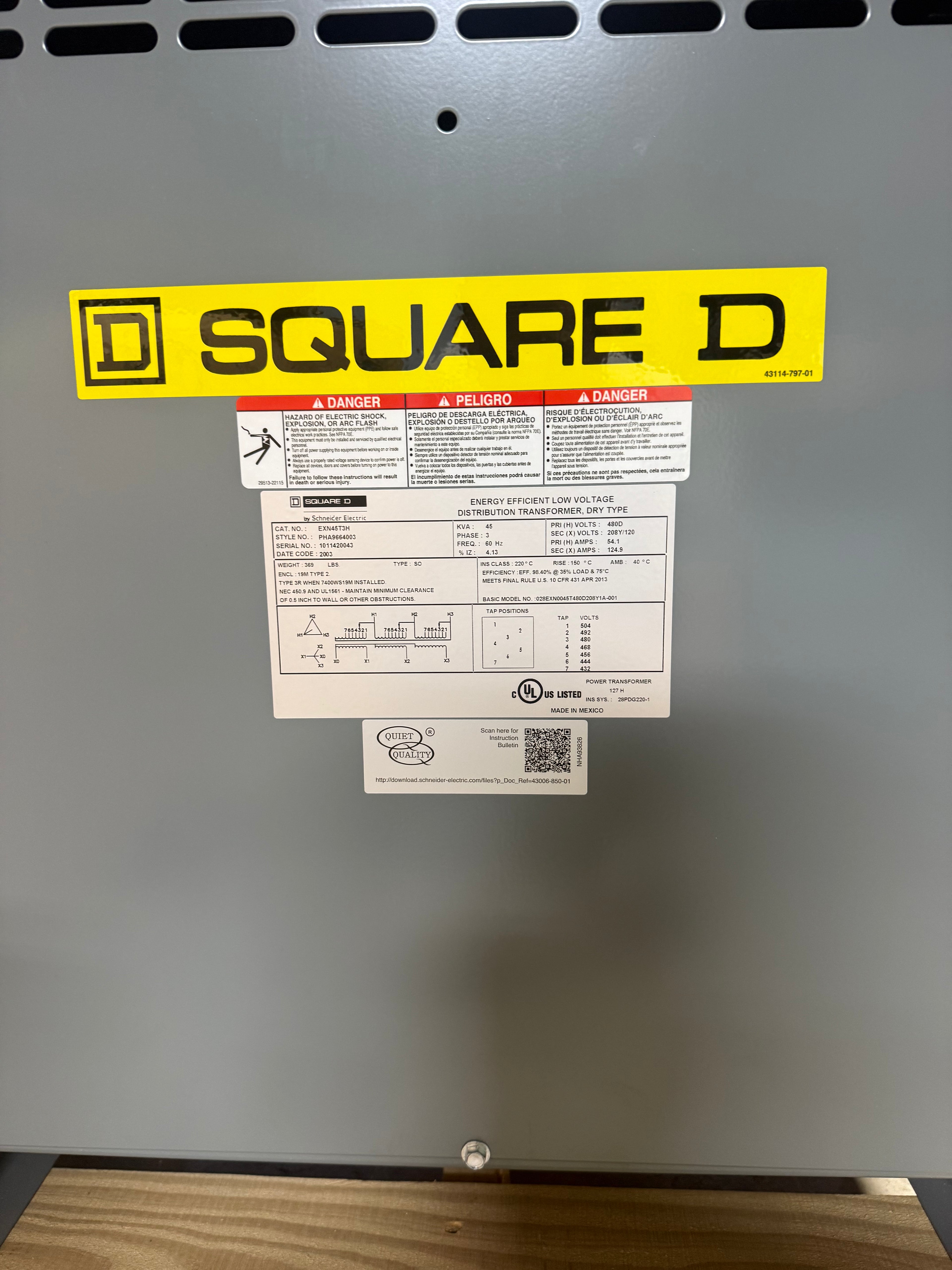 New Square D 45 KVA Transformer, 3 Phase, Primary 480, Secondary 208/120 Delta Y