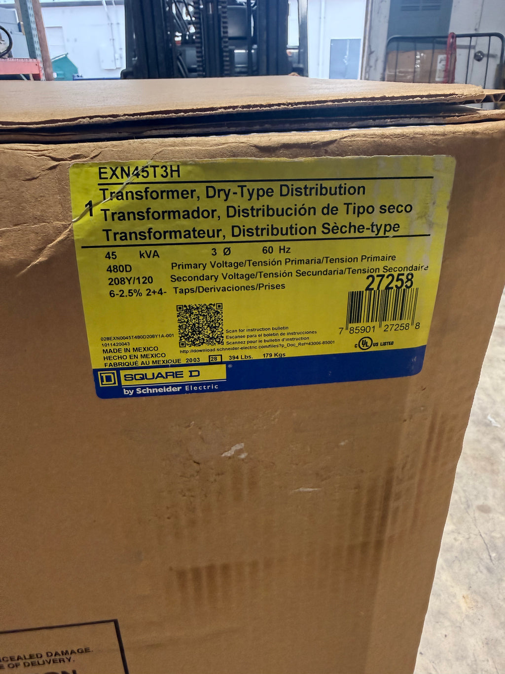 New Square D 45 KVA Transformer, 3 Phase, Primary 480, Secondary 208/120 Delta Y
