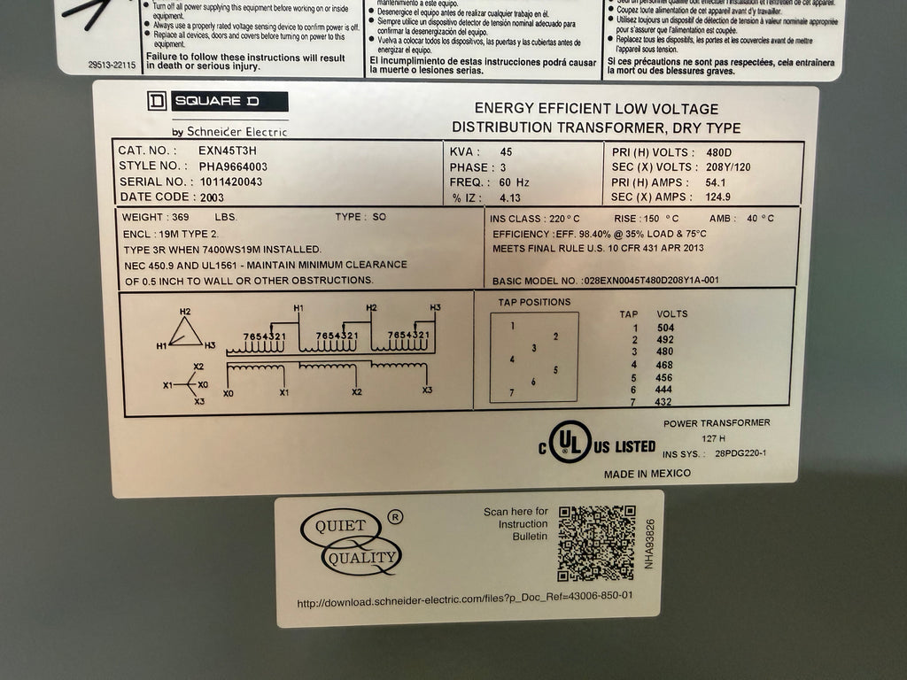 New Square D 45 KVA Transformer, 3 Phase, Primary 480, Secondary 208/120 Delta Y
