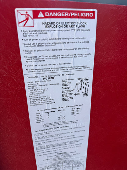 Used HU367R Square D Disconnect, 800 Amp, 600 Volt, 3R Outdoor, Non-Fused